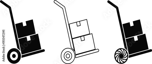 hand truck dolly with boxes icon set, delivery cart illustration, logistics transport equipment symbol, warehouse moving vector