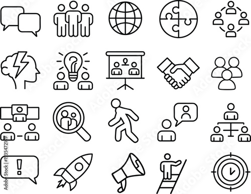Business Communication Line Icons Set Outline Style. Teamwork and Collaboration Minimal Vector Icons Collection.
