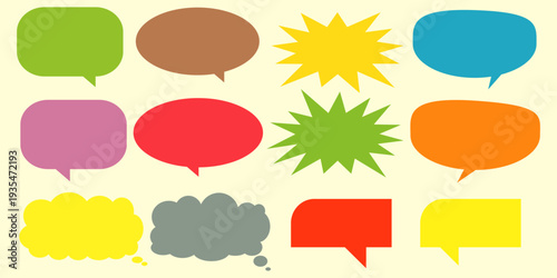 A simple design set of colorful message comment chat boxes. A collection of comic and social media speech bubbles, text boxes, and chat boxes. A vector set of comic and social media speech bubbles.