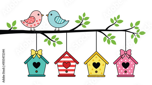 Two cute cartoon birds on a branch with colorful heart shaped birdhouses