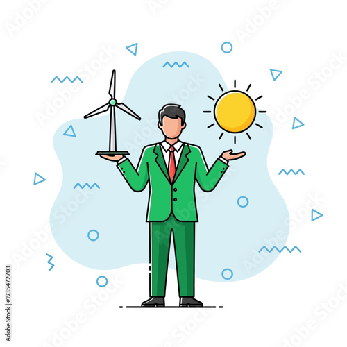 Businessman in green suit holding wind turbine and sun icon symbolizing renewable energy and corporate sustainability