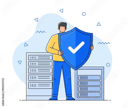 IT professional holding large shield with checkmark near server racks symbolizing cybersecurity and data protection in flat vector style
