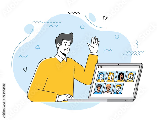 Man waving hand to virtual meeting participants on laptop screen in flat vector style symbolizing remote work communication and greeting