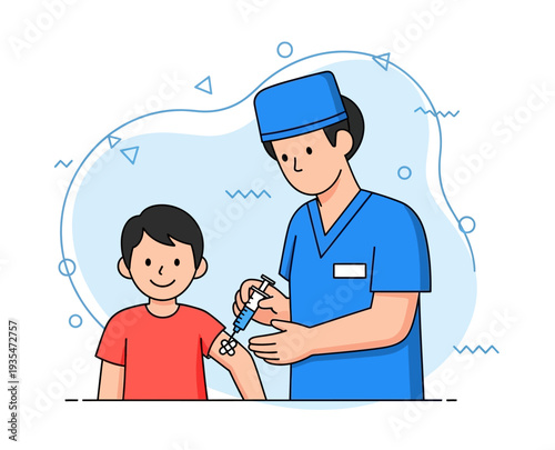 Male nurse giving vaccination injection to young boy character in flat vector style representing pediatric healthcare and immunization