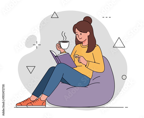 Young woman sitting on bean bag chair reading book and drinking coffee in flat vector style symbolizing relaxation and leisure lifestyle