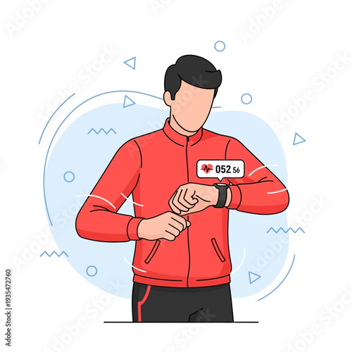 Man checking heart rate on smartwatch after workout in flat vector style symbolizing fitness tracking and healthy digital lifestyle
