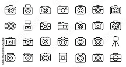 Camera line icons set, photography, digital, film, and equipment vector collection