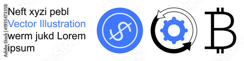 Cryptocurrency, blockchain, digital finance, fintech, online payments, decentralized systems. Dollar symbol, gear in circular arrows and Bitcoin symbol. Cryptocurrency and blockchain