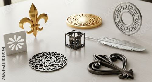 Collection of decorative metal ornaments and embellishments.