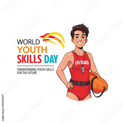 World Youth Skills Day Lifeguard Illustration with Hero Pose and Helmet