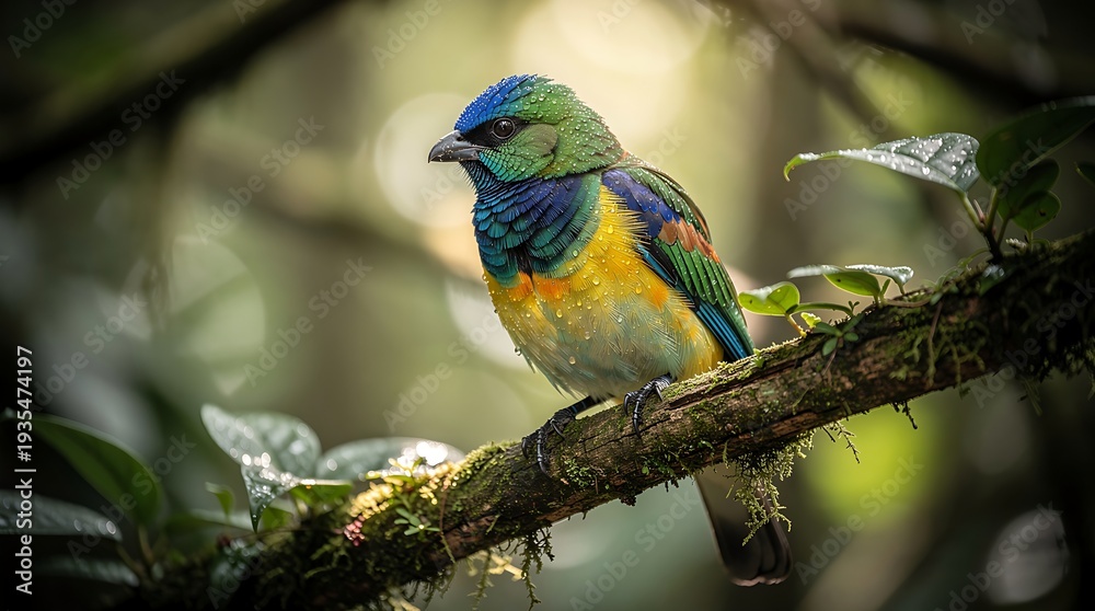 Obraz premium Vibrant Exotic Tropical Bird Perched on Mossy Branch in Lush Green Forest Close-Up