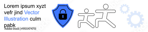Cybersecurity, digital privacy, online safety, data protection, teamwork, technological process. Blue shield with a lock, two outlined human figures and gear. Cybersecurity and online safety concept
