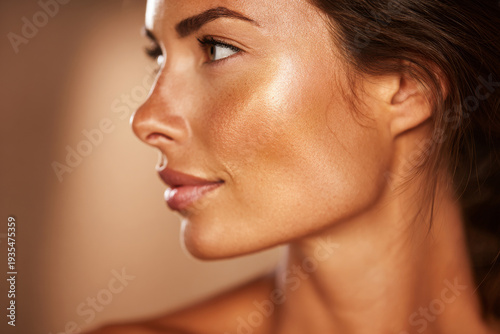 close-up portrait of woman with radiant skin after gold facial treatment, beautician slightly blurred in background, natural glowing complexion