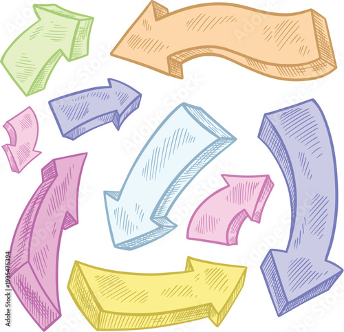 Artistic sketchy arrow set featuring spiral and zigzag shapes vector