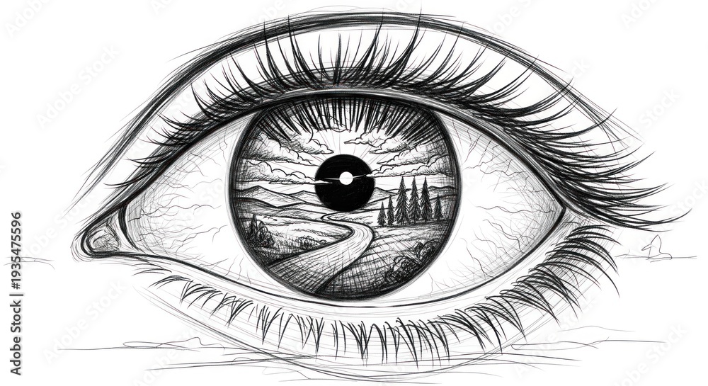 Fototapeta premium A detailed black and white illustration of a human eye with a landscape inside, set against a white background with a subtle gradient.