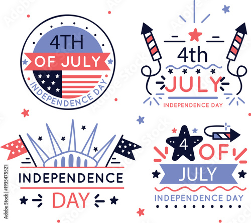 Fourth of july patriotic badges with rockets and american flags vector