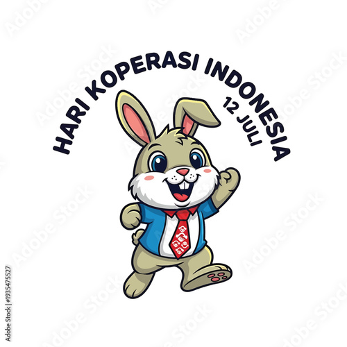 Cheerful cartoon bunny in business attire waving with arching Indonesian text