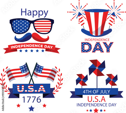 Patriotic american holiday badges with watercolor texture and ribbons vector