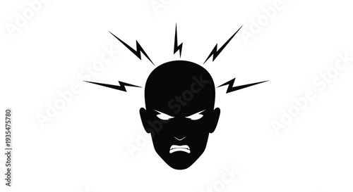 Angry head with radiating energy bolts a striking black silhouette