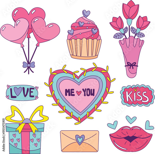 Romantic stationery and love message icons for wedding anniversary design vector