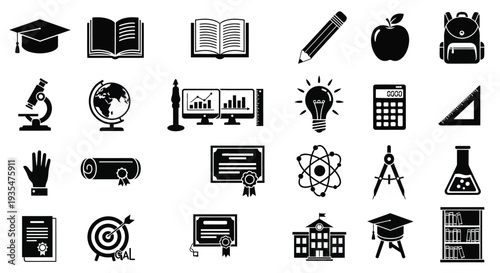 Educational icons representing learning school and study black silhouettes high quality