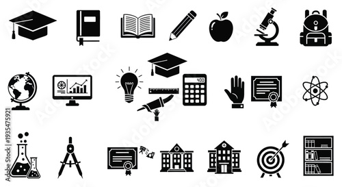 Collection of black icons representing education and learning silhouette high quality