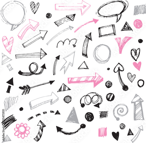 Scribble style arrow icons with target and question mark vector
