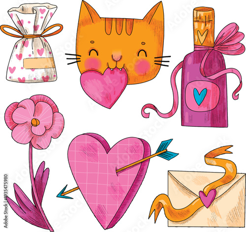 Quirky hand drawn stickers with cat dog and flower vector