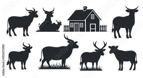 Black silhouettes of deer cows and a house against a white background silhouette