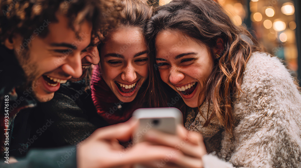Fototapeta premium A group of friends huddled over a smartphone laughing and pointing at the screen, Generative AI illustrations.