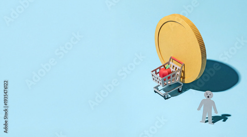 Shrinking purchasing power and inflation concept with tiny papercraft shopping cart crushed by giant coin, right side composition.
