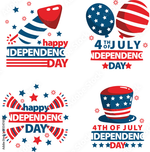 Watercolor style independence day icons with rockets and top hats vector