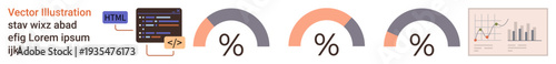 Data visualization, business analysis, coding applications, performance metrics, technology insights, statistical interpretation. Coding interface, percentage arcs growth chart. Data visualization