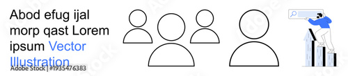 Business growth, teamwork, data analysis, user engagement, leadership, statistics. Human icons and an individual analyzing charts. Business growth and teamwork concept