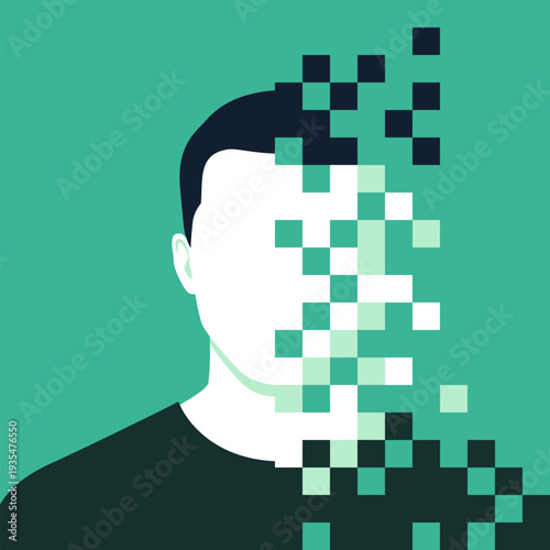 Portrait of a man fragmented into pieces and pixels, data corruption