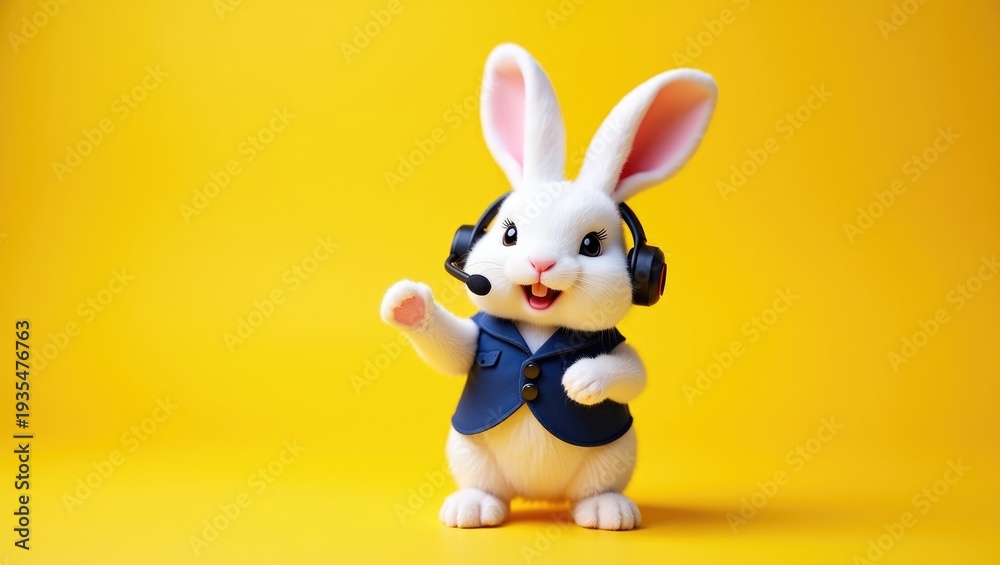 Fototapeta premium Friendly White Easter Bunny Wearing Blue Suit Jacket and Professional Headset Waving Hand on Bright Yellow Background for Customer Support and Service Concepts