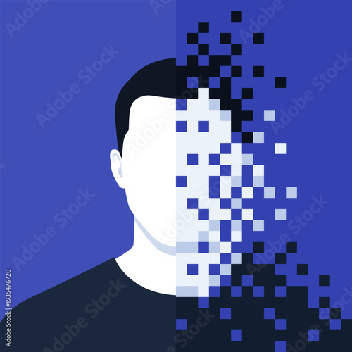 Portrait of a man fragmented into pieces and pixels, data corruption
