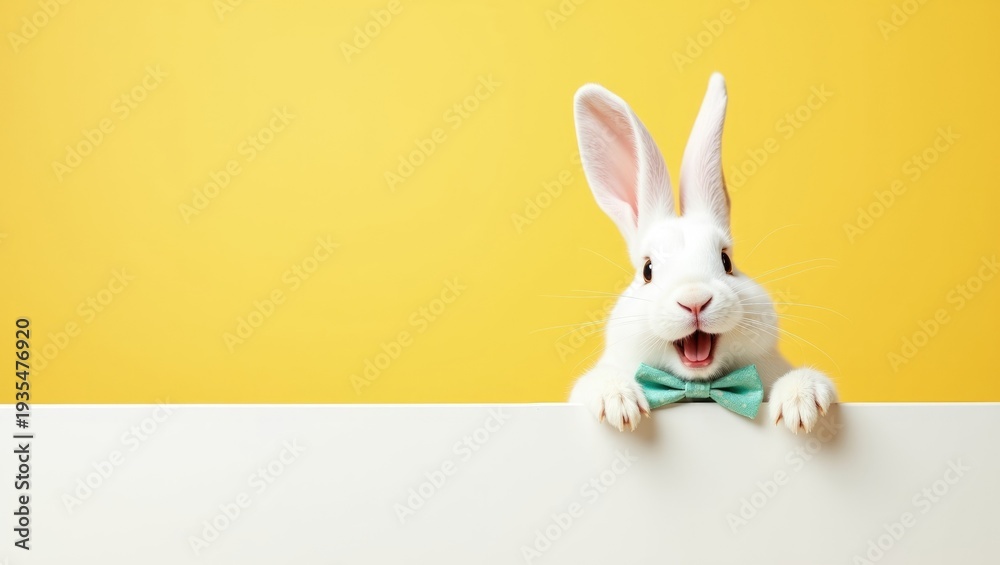 Obraz premium Happy White Easter Bunny Wearing Colorful Polka Dot Bow Tie Peeking Over Blank Horizontal Banner with Copy Space on Vibrant Yellow Background