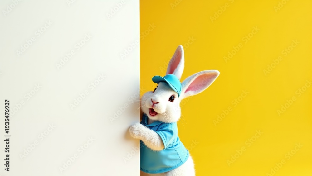 Obraz premium Cheerful White Easter Bunny Wearing Blue Cap and Shirt Peeking Behind Large White Blank Banner Mockup on Vibrant Yellow Background for Festive Delivery and Service Marketing