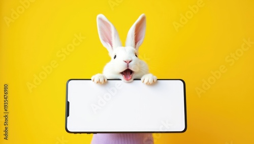 Cheerful White Easter Bunny Wearing Purple Knitted Sweater Holding Large Smartphone Mockup with Blank Screen on Vibrant Yellow Background for Seasonal App Promotion