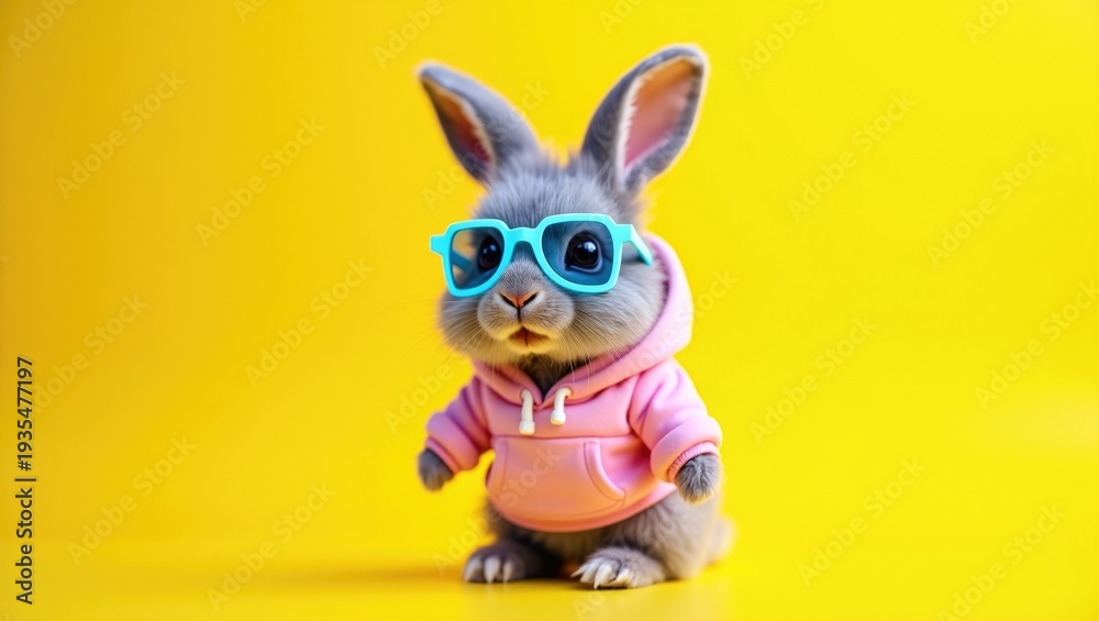 Fototapeta premium Trendy Grey Easter Bunny Wearing Pastel Pink and Blue Hoodie with Colorful Sunglasses on Vibrant Yellow Background, Cool Spring Character Concept