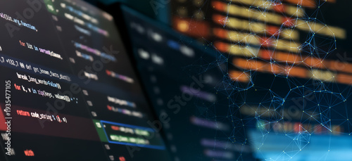 Abstract Software Code Diff Screen with Digital Network Mesh Overlay and Cyber Technology Programming Background