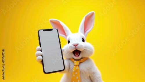 Cheerful White Easter Bunny Mascot Wearing Yellow Polka Dot Tie Holding Smartphone Mockup with Blank Screen on Vibrant Yellow Background