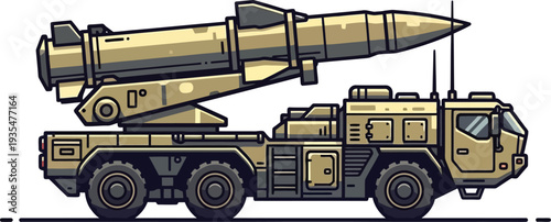 Ballistic missile system mounted on heavy military transport truck