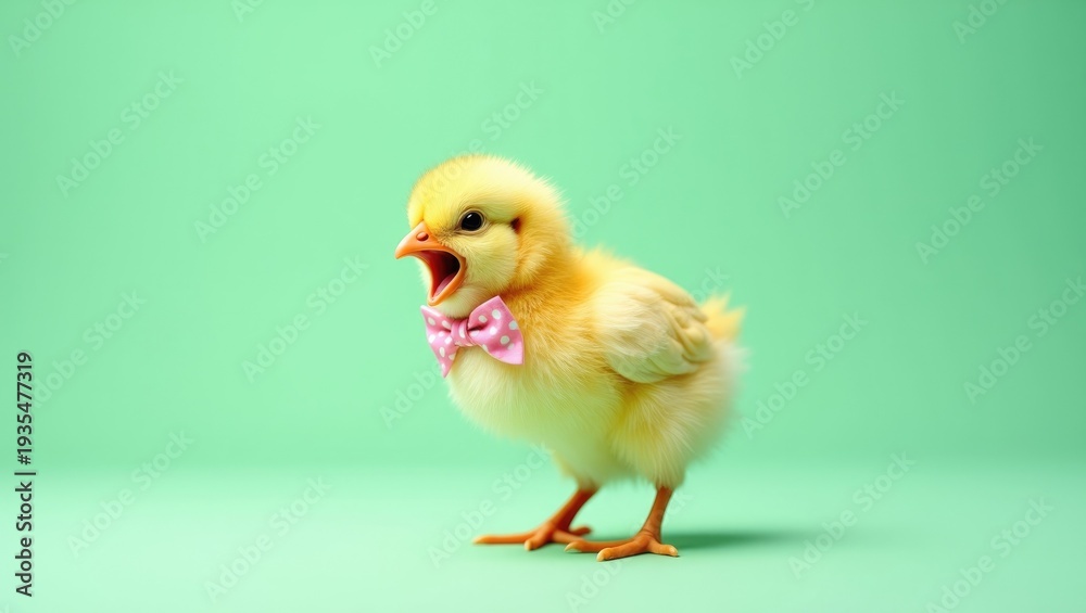 Fototapeta premium Cheerful Easter Yellow Baby Chick Wearing Pink Polka Dot Bowtie Singing with Open Beak on Minimalist Green Background for Spring Holiday Marketing