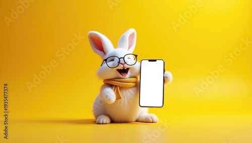 Happy White Easter Bunny Wearing Pink Polka Dot Bow Tie Holding Large Smartphone Mockup with Blank Screen on Vibrant Yellow Background