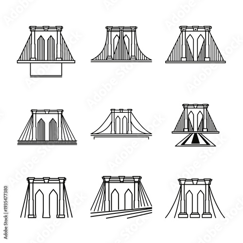 Set of various bridge icons and architectural elements