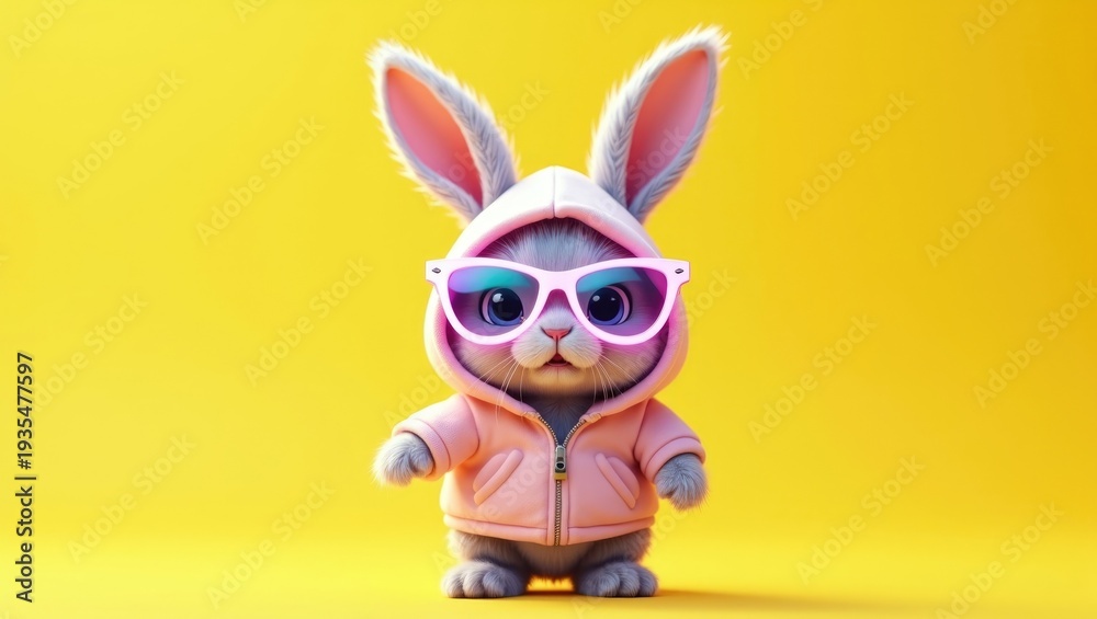 Fototapeta premium Trendy Grey Easter Bunny Wearing Pastel Pink and Blue Hoodie with Colorful Sunglasses on Vibrant Yellow Background, Cool Spring Character Concept