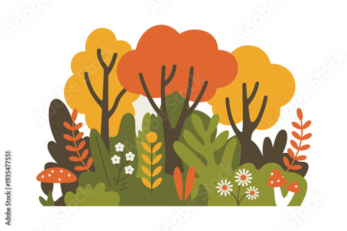 A vibrant autumn forest illustration with colorful trees, flowers, and mushrooms in a flat, minimalist design style.