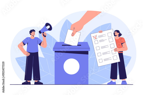 A vector graphic illustration of people participating in a democratic voting process with a ballot box